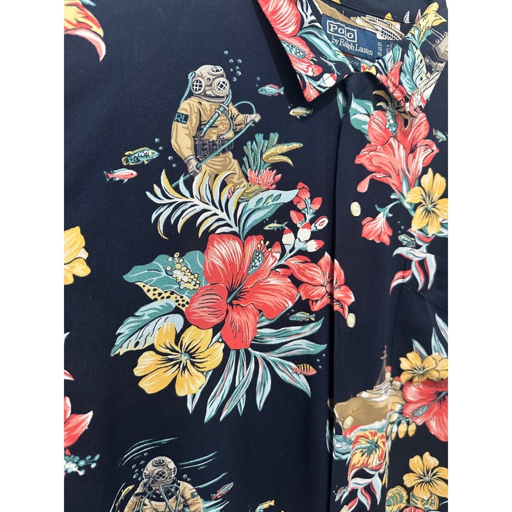 Polo Ralph Lauren Tropical Floral Camp XL Navy Nautical Hawaiian Shirt - Picture 5 of 6